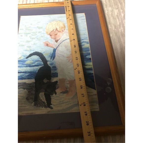 Finished and Framed Cross Stitch Janlynn Cross Stitch "Boy With Cat" 21” x 17” - Picture 7 of 11